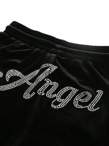 SHEIN Tween Girls Casual & Elegant Zwart Fluwelen Strass Versierde Capuchon Rits Top En Zak Broek Casual Sport Pak 2-delige Set, Geschikt Voor Dagelijkse Herfst Winterkleding, Terug Naar School, Casual Gelegenheden