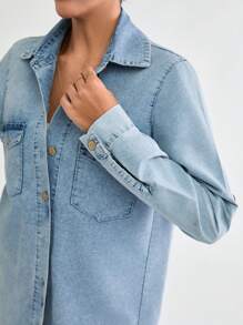 EURMUSE Women's Casual Roll-Up Sleeve Washed Denim Blouse For Autumn - Blue - View 4