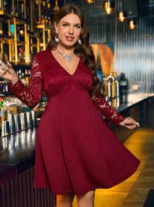 SHEIN Clasi Plus Size Elegant Party Solid Color Lace Patchwork Dress - Red - View 3