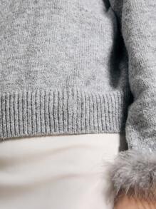 AiiRZ 奢华针织立领毛衣羽毛袖口细节冬季节日派对优雅套头衫家居服经典毛衣舒适长袖针织衫 - 灰色 - 查看 5