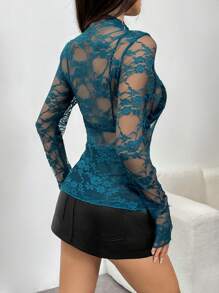 SHEIN Unity 1pc Women's Stand Collar Long Sleeve Sheer Sexy Lace Top (Random Cut) Fall Cloth For Women - Teal Blue - View 2