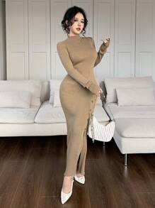 Feyla Women's Solid Color Stand Collar Long Sleeve Button Design Split Hem Fitted Long Sweater Dress, Autumn/Winter - Khaki - View 4