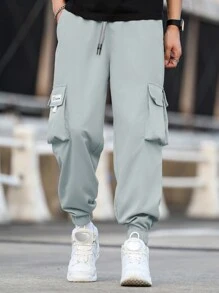 Manfinity Hypemode Men Plus Size Letter Patched Flap Pocket Side Drawstring Waist Cargo Pants, Fall - Dusty Blue - View 3