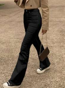 MYOURSA 女式喇叭裤弹力高腰牛仔裤，喇叭裤，优雅休闲日常工作约会街头服饰校园时尚服装纯黑色 - 黑色 - 查看 4