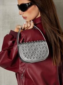 SHEIN ICON Bolso de hombro para damas y mujeres, bolso hobo, de moda, personalizado, simple, versátil, de calle, dulce y fresco para chicas, chicas calientes, Y2K, remaches, plateado, bolso de bolos, bolso Boston, Y3K, adolescentes