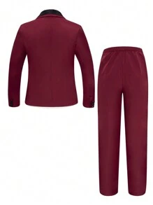 SHEIN Bộ 2 áo vest cổ điển cho bé trai tuổi teen: Áo khoác blazer dài tay màu trơn vừa vặn và quần âu cạp chun, trang phục quý ông thích hợp cho sinh nhật, đám cưới, tốt nghiệp, mặc hàng ngày, thu/đông - Màu Đỏ Sâu - Xem 2