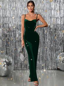 SHEIN Clasi Holiday ClothesVelvet & Sequin Spaghetti Strap Jumpsuit For Women