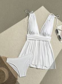 Swim Lushoire Vestido de playa y de baño de verano con cuello en V de unicolor, volantes en el dobladillo, elegante y grácil