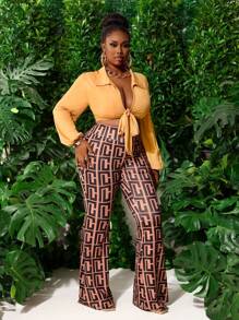 Slaydiva Plus Size Women 2Pcs Set,Blush Pink Autumn Classy Formal Night Out Club Holiday Elegant Tie Front Long Sleeve Blouse & Polka Dot Print Flare Pants - Multicolor - View 6