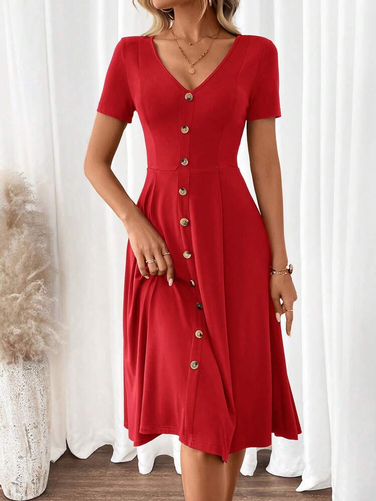SHEIN Clasi Vestido verde de mujer de línea A, de manga corta y escote en V elegante - Rojo - Añade 5