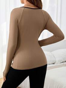 SHEIN Áo thun cổ tròn tay loe phối màu thoải mái cho bà bầu dài tay - màu nâu - Xem 2