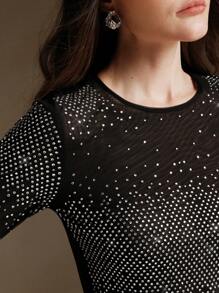 Anewsta Fashionable Long Sleeve Mesh Blouse With Rhinestones, Office Wear For Autumn - Black - View 6
