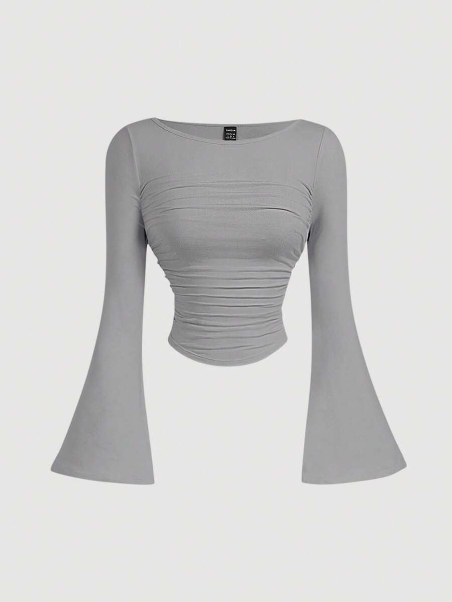 SHEIN MOD 女士纯色船领喇叭袖收腰百搭 T 恤 - 灰色 - 查看 1