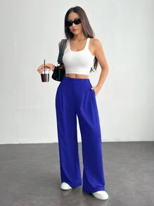 SHEIN PETITE Women's Solid Color Simple Daily Basic Pants ,Petite Women - Royal Blue - View 3