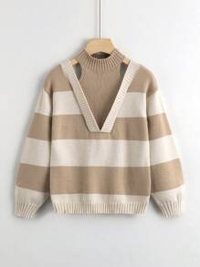 SHEIN Tween Girl 2 In 1 Cold-Shoulder Striped Pullover Sweater - Khaki - View 1