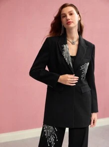 MOTF PREMIUM SEQUIN BEADED SINGLE BUTTON STRUCTURED BLAZER - Black - View 3
