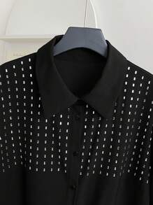 SHEIN LUNE Plus Size Women's Black Rhinestone Embellished Short Sleeve Blouse - Black - View 6