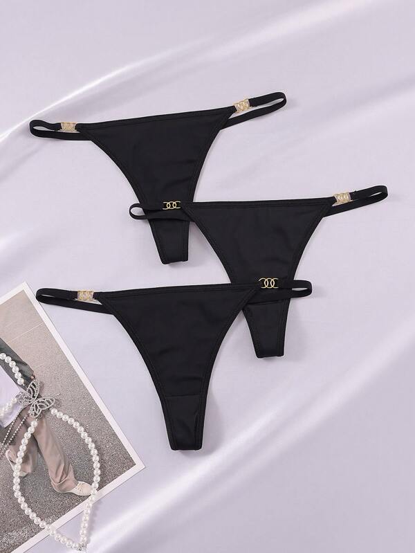 Shein Underwear&Sleepwear Basics 3pcs/Pack Women's Simple Solid Color Metal Decor G-String Panty