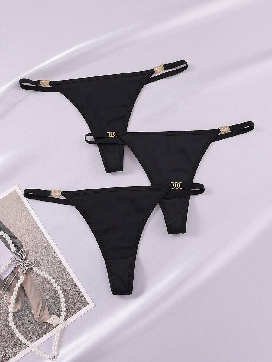 3pcs/Pack Women's Simple Solid Color Metal Decor G-String Panty - Black - View 1