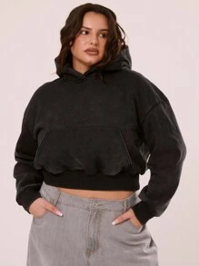 MUSERA Plus Size Washed Print Back Long Sleeve Hoodie For Everyday, Street Style, Streetwear, Cool Girl, Casual, Y2K, 2000'S Style, - Black - View 1