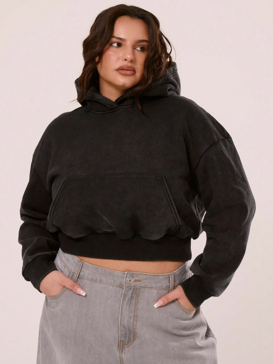 MUSERA Plus Size Washed Print Back Long Sleeve Hoodie For Everyday, Street Style, Streetwear, Cool Girl, Casual, Y2K, 2000'S Style, - Black - View 1