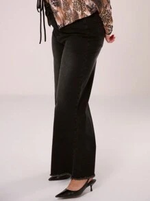 MUSERA Plus Size Raw Hem Washed Jeans For Everyday, Break, Casual, Y2K, 2000'S Style, Streetwear, Street Style , Holiday - Black - View 3