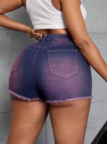SHEIN SXY Plus Size Distressed Frayed Hem High Stretch Skinny Denim Shorts Summer - Red Violet - View 2