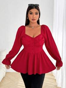 Flirla 大码女式红色长袖优雅纽扣衬衫，适合约会和派对新年服装荷叶边上衣