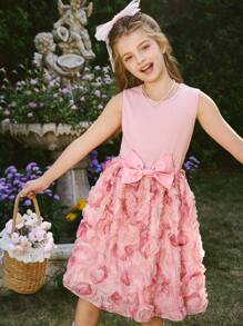 SHEIN Tween Girl Elegant Minimalist Jacquard Textured Fabric A-Line Dress With 3D Bow Decor, Suitable For Summer And Spring Wear, Good For Outings, Dates And Vacation - Pink - View 1