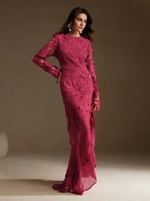 Anewsta Women's Round Neck Long Sleeve Lace 3D Floral Fishtail Hem Dress - Burgundy - View 5