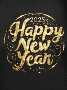 Manfinity Homme Fashionable 2025 New Year Letter Pattern Golden Effect Graphic Pullover Sweatshirt, Casual Couple Matching, Warm Lined Fleece Sweatshirts Suitable For Gift To Boyfriend, Plus Size - Black - View 2