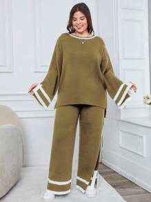 RueChic 1pc Contrast Trim Drop Shoulder Sweater & 1pc Knit Pants