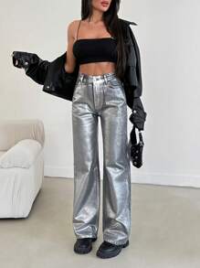 EURMUSE Fashion Metallic Feeling High-Waisted Straight Leg Jeans - Light Grey - View 6
