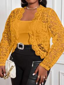 SHEIN Lady Áo khoác ngoài tay dài họa tiết kẻ caro cổ điển màu be và đen dành cho nữ cỡ lớn, thường ngày đi làm vào mùa thu/đông - Màu vàng - Xem 3