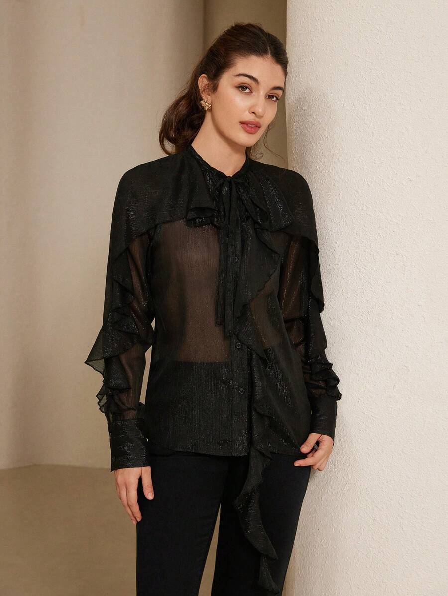 Aveloria Rosie 优雅精致浪漫缎面雪纺纹理面料荷叶边领口系带袖口女士长袖衬衫适合春夏秋季情人节 - 黑色 - 查看 1
