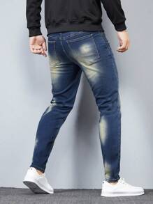 Manfinity Homme 大码男式口袋紧身休闲百搭牛仔裤 - 藍色 - 查看 6