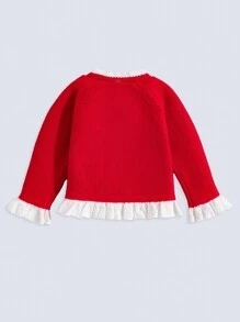 Young Girls Round Neck Cardigan, Children Frill Trim Knitted Sweater For Autumn/Winter - Red - View 2