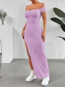 SHEIN EZwear Women's Solid Color Casual Off-Shoulder High Slit Dress,Lavender Dress - Purple - View 4