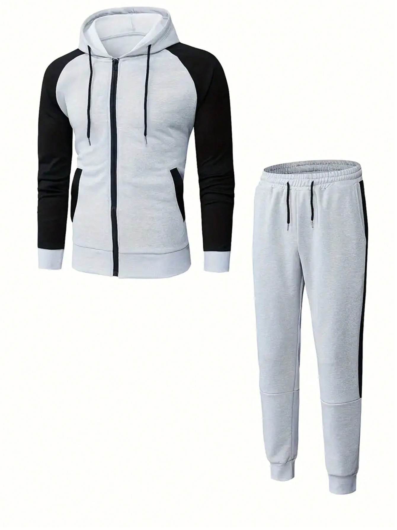 Manfinity Dauomo Men's Autumn Contrast Color Raglan Sleeve Zipper Hoodie & Sweatpants 2 Pieces Casual Set