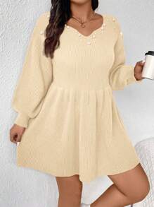 SHEIN Frenchy Váy len xòe cổ chữ V đính ngọc trai giả cỡ lớn cho nữ - Màu be - Xem 5