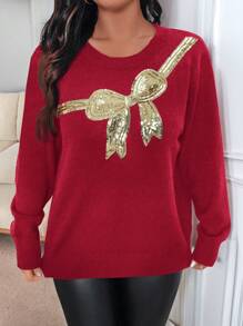 SHEIN LUNE Plus Size Women's Black Round Neck Long Sleeve Gold Sequin Shiny Bowknot Decoration Pullover Sweater, Casual For Holidays, Parties, Versatile, Christmas