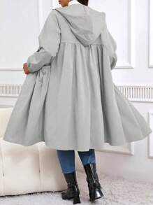 SHEIN LUNE Plus Size Solid Color Drawstring Hooded Coat, Casual Autumn