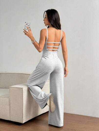 SHEIN Unity Women's Backless Spaghetti Strap Loose Fit Jumpsuit