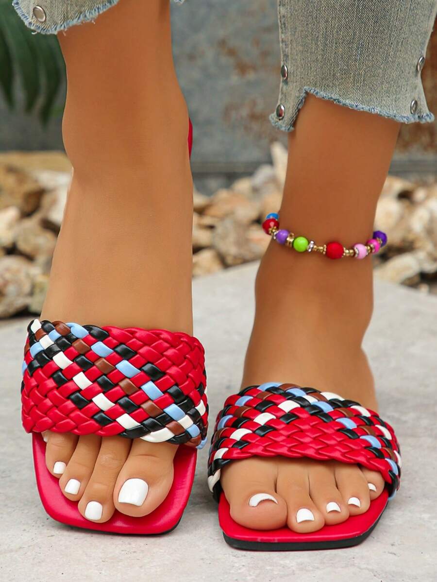 Assorted Color Braided Pattern Asymmetrical Flat Square Toe Comfortable Versatile Fashion Slide Sandals, Suitable For Teenagers - Red - View 1