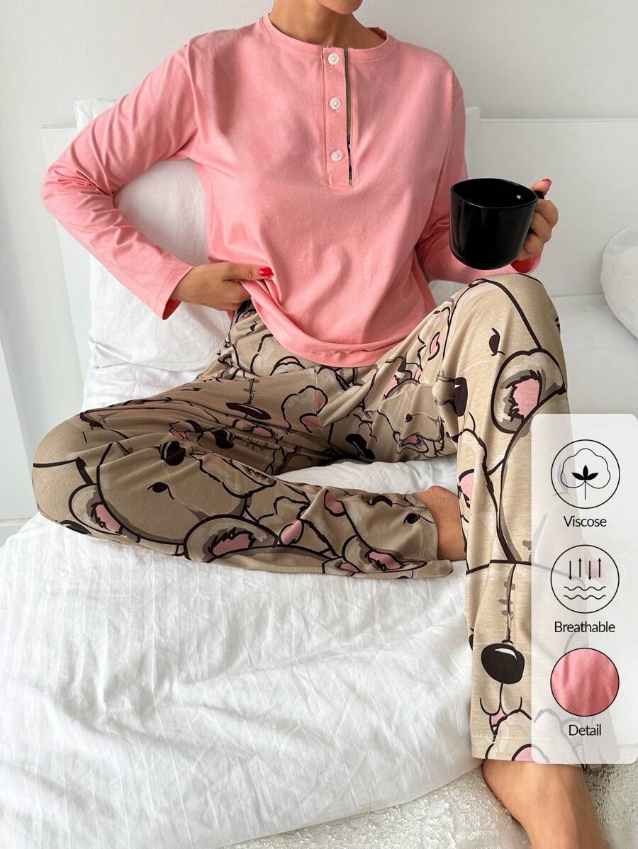 RueChic 2pcs Viscose Placket Detail Shirt And Bear Patterned Sleep Bottom Pj Set - Pink - View 1