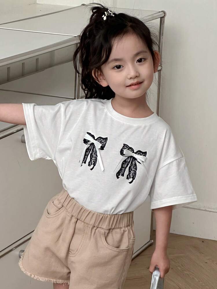 Young Girl Round Neck Bow Design Casual Simple Style T-Shirt, For Daily Wear, Summer