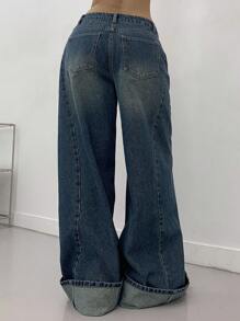 DAZY 女式休闲低腰阔腿水洗牛仔裤，返校服 - 藍色 - 查看 8