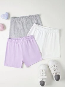 SHEIN 3 件套女童牛奶丝面料舒适紧身裤，粉色、紫色和灰色，百搭休闲短裤 - 彩色 - 查看 4