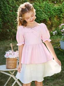 SHEIN Tween Girl Elegant Cute Bow Ruffle Puff Sleeve Blouse, Casual Vacation For Spring & Summer - Pink - View 4