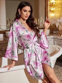 LuxeNights Women's Floral Satin Long Sleeve Loose Robe